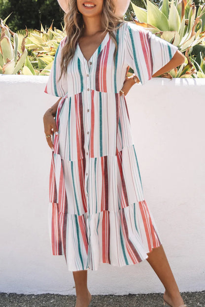 Serape Striped V Neck Buttoned Shirt Dress - Chic Meadow Boutique 