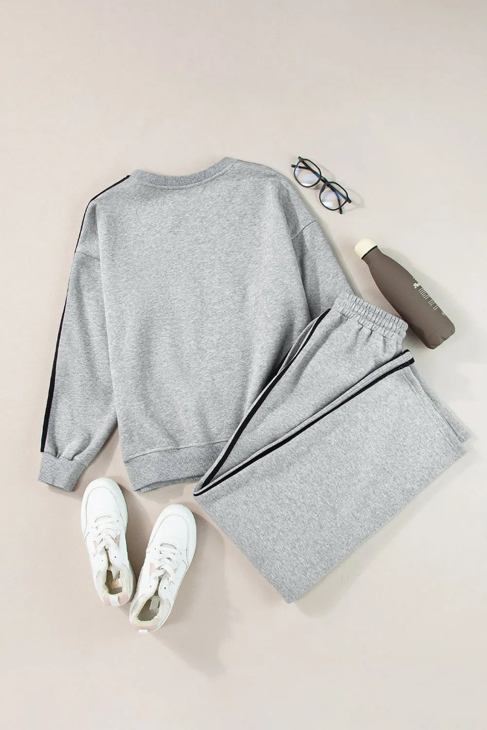 Light Grey Solid Color Side Striped Sweatshirt Active Set - Chic Meadow Boutique 