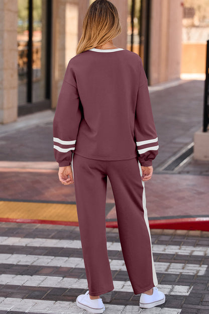 Mineral Red Varsity Stripe Patchwork Puff Sleeve Pullover Drawstring Wide Leg Pant Set