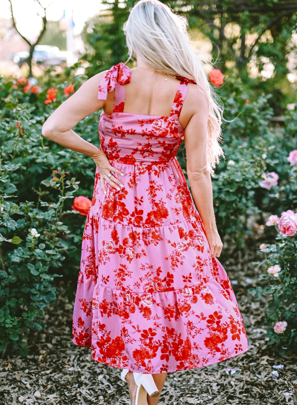 Pink Tie Shoulder Straps Tiered Floral Dress - Chic Meadow Boutique 