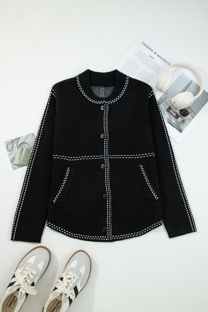 Black Contrast Trim Button up Sweater Cardigan