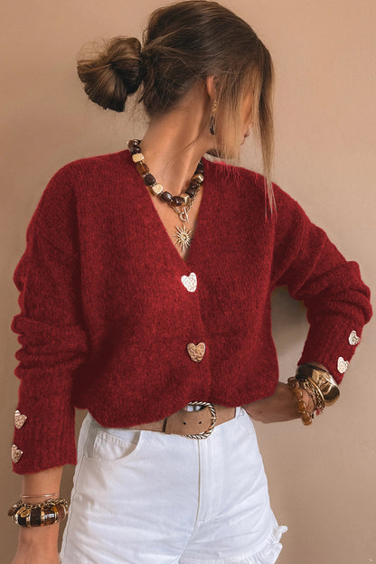Fiery Red Heart Metal Button V Neck Cardigan Sweater