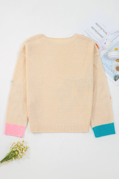 Jet Stream Contrast Flower Detail Colorblock Cuffed Loose Sweater