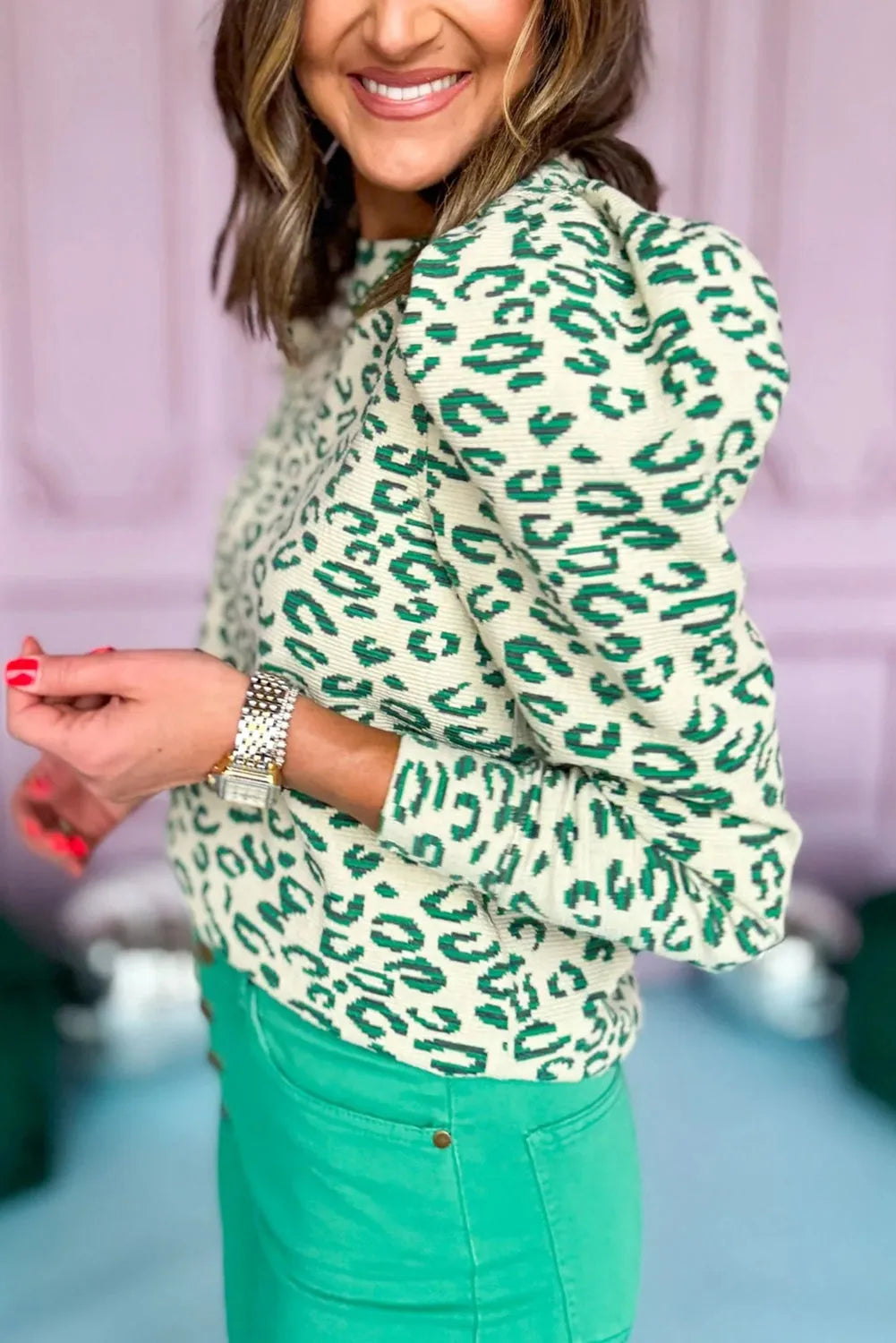 Blackish Green Leopard Print Mock Neck Puff Sleeve Top - Chic Meadow Boutique 