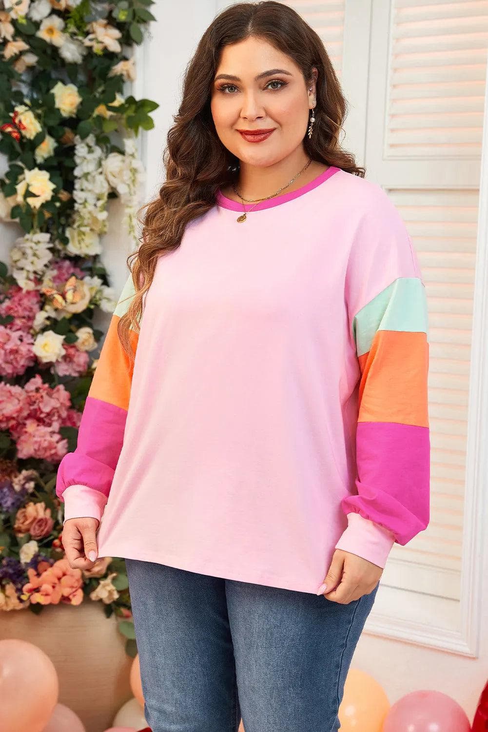 Plus Size/Plus Size Tops/Plus Size Long Sleeve Tops Pink Colorblock Patchwork Long Sleeve Plus Size Top