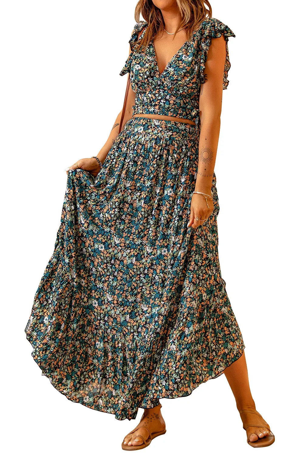 Multicolor Floral Ruffled Crop Top and Maxi Skirt Set - Chic Meadow Boutique 