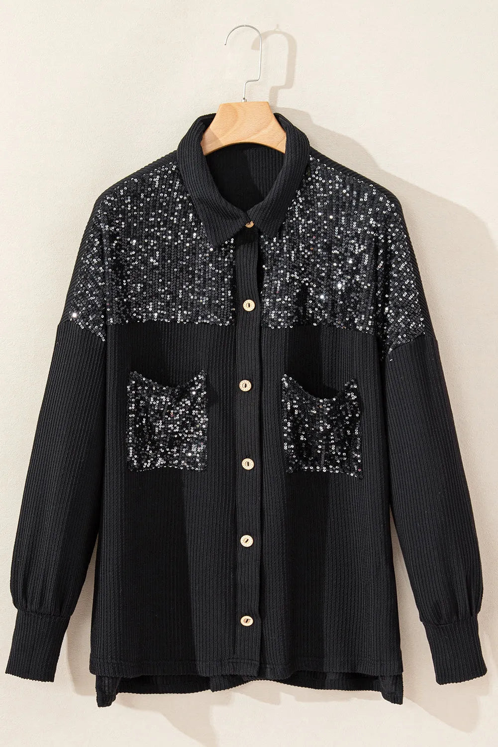 Black Sequin Patch Chest Pocket Corded Shacket - Chic Meadow Boutique 