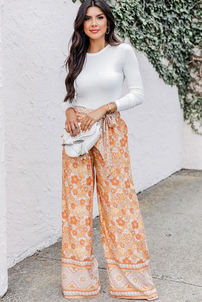 Bottoms/Pants & Culotte Grapefruit Orange Tie Waist Boho Floral Wide Leg Pants