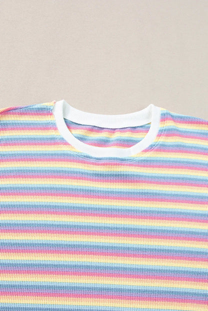 Pink Stripe Rainbow Tee Tasseled String Wide Leg Pants Set - Chic Meadow Boutique 