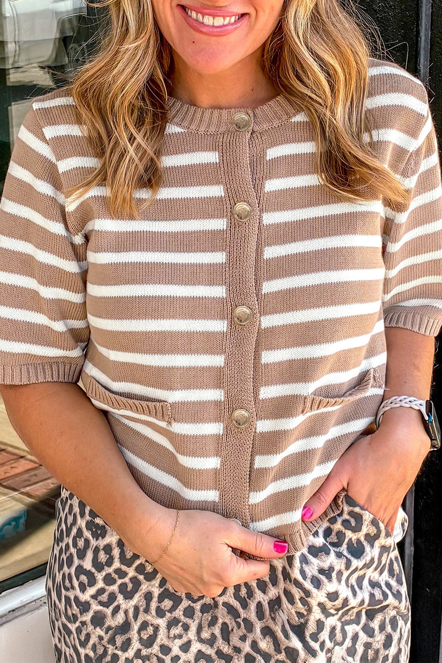 Khaki Stripe Button Down Short Sleeve Knit Plus Size Cardigan