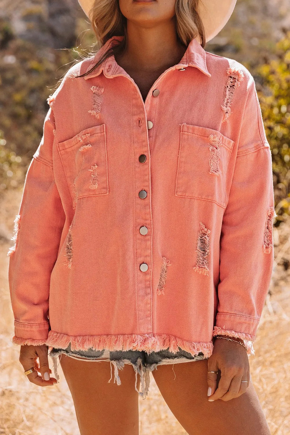 Orange Distressed Fringe Trim Denim Jacket - Chic Meadow Boutique 