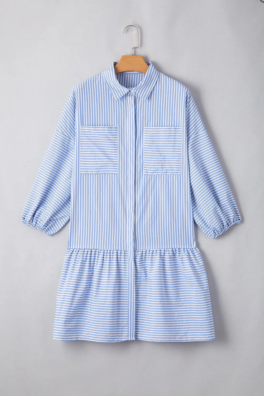 Sky Blue Stripe Bubble Sleeve Chest Pockets Buttoned Shirt Dress - Chic Meadow Boutique 