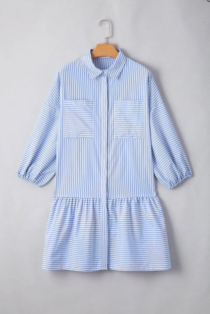 Sky Blue Stripe Bubble Sleeve Chest Pockets Buttoned Shirt Dress - Chic Meadow Boutique 