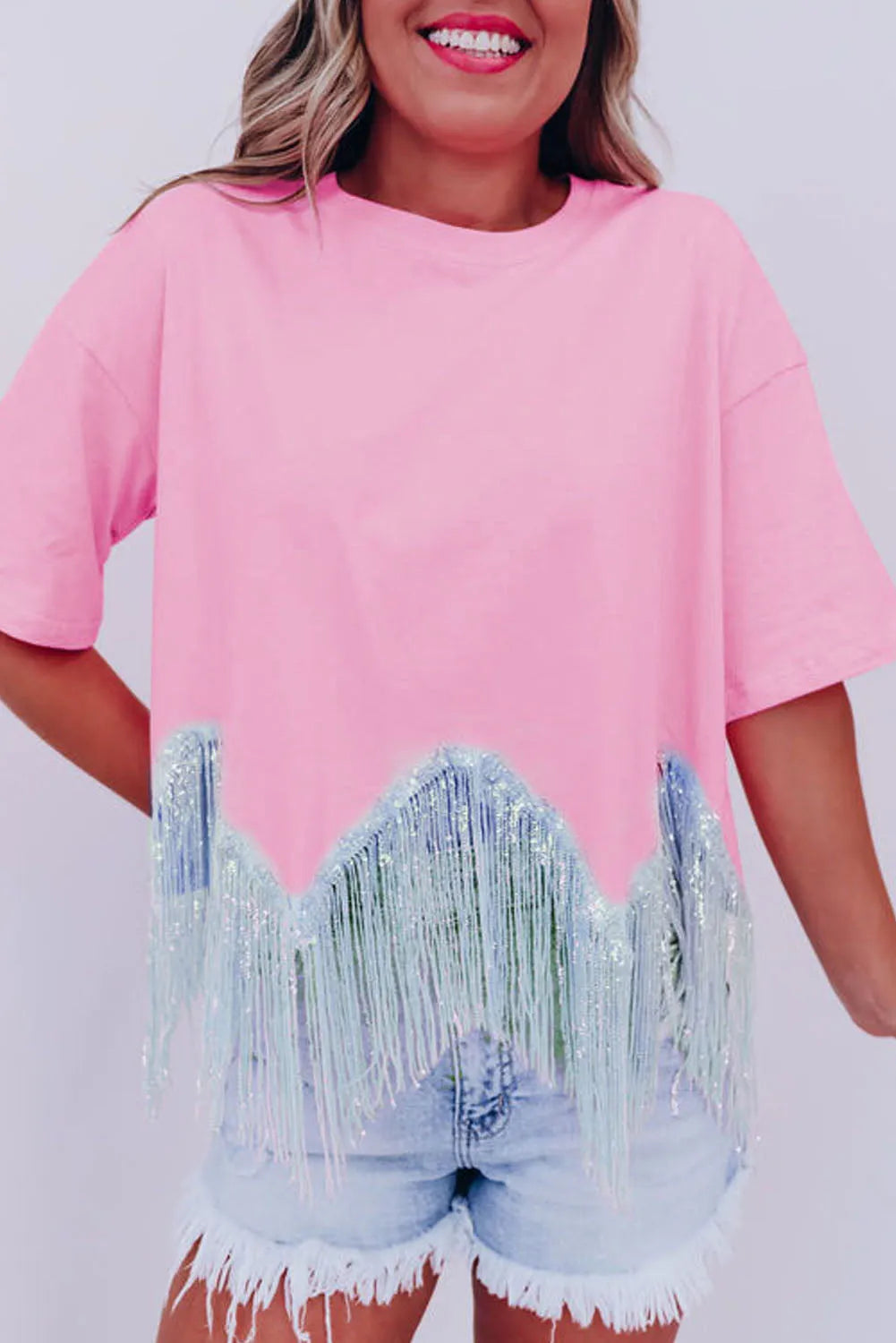 Pink Fringed Sequin Crop T-shirt - Chic Meadow Boutique 