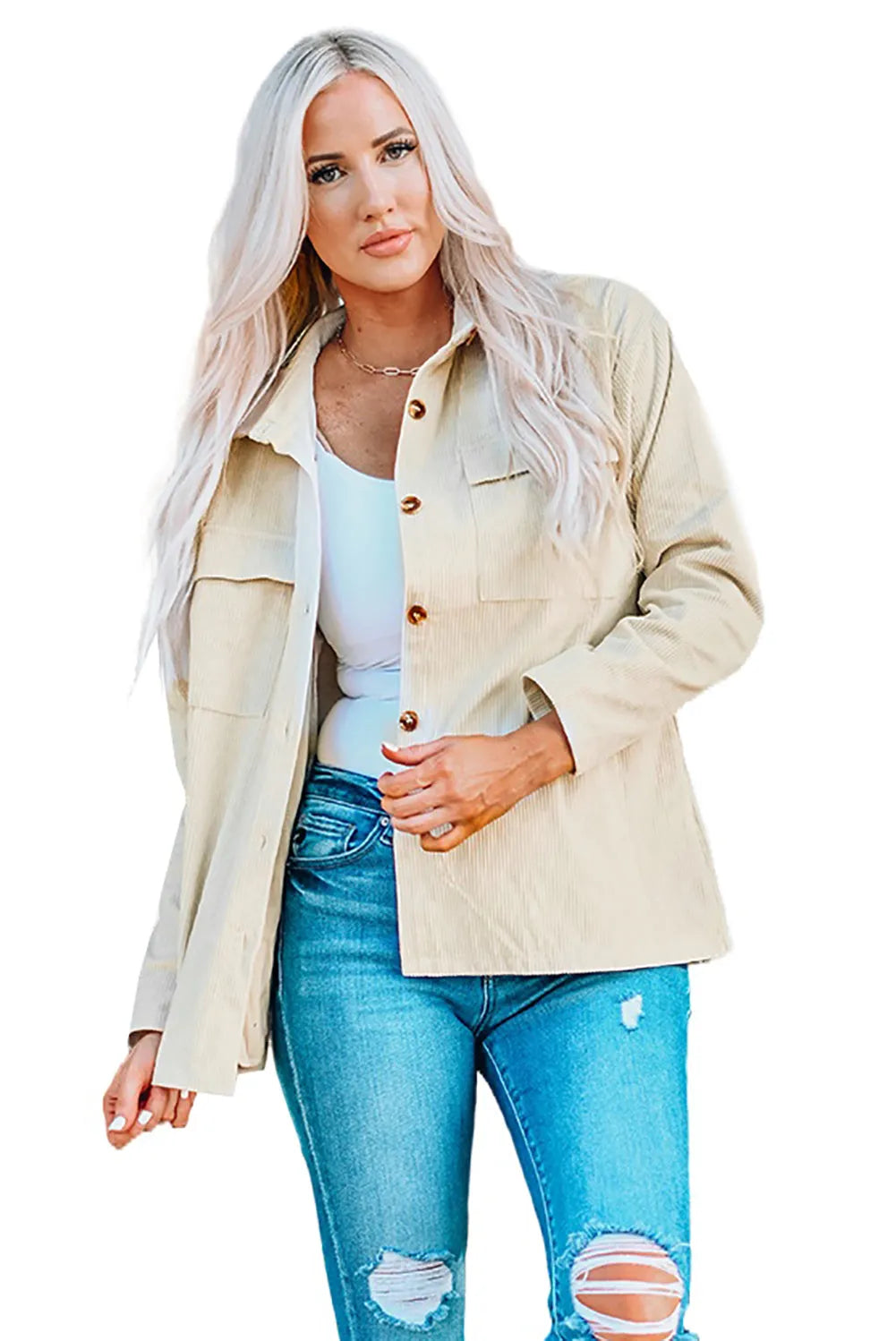 Beige Pocketed Button Ribbed Textured Shacket - Chic Meadow Boutique 