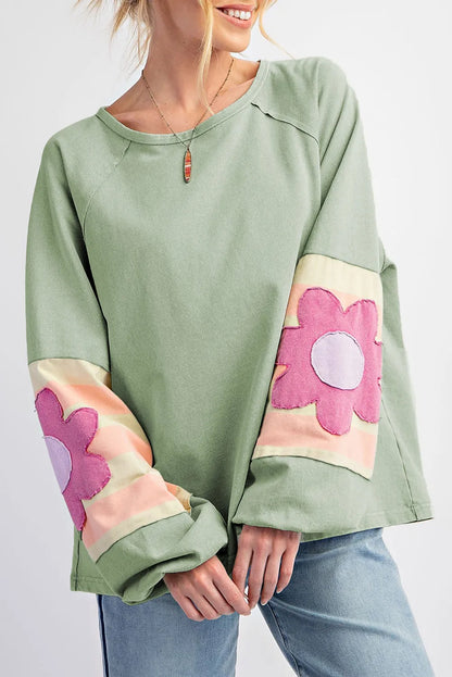 Smoke Green Flower Patchwork Raglan Sleeve Exposed Seam Oversized Top - Chic Meadow Boutique 