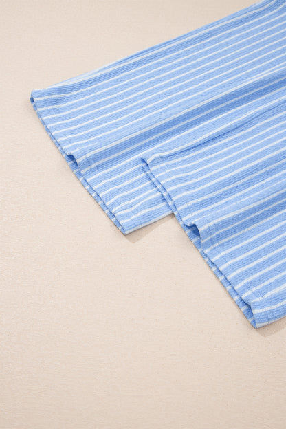 Sky Blue Stripe Crew Neck Tee Drawstring Waist Cropped Pants Set