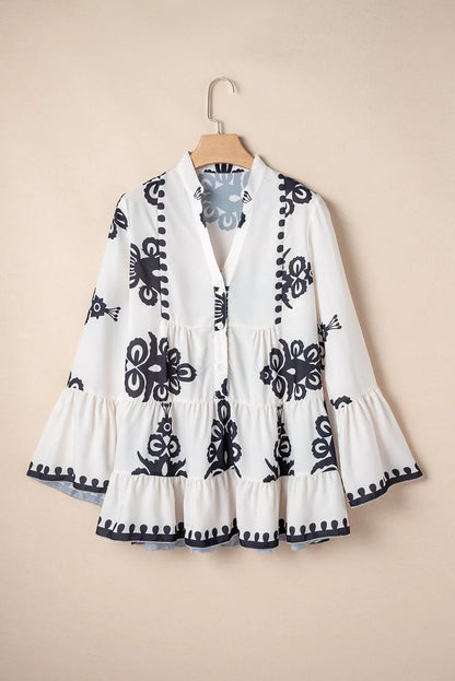 White Abstract Printed Bell Sleeve Buttoned Tiered Babydoll Blouse - Chic Meadow Boutique 