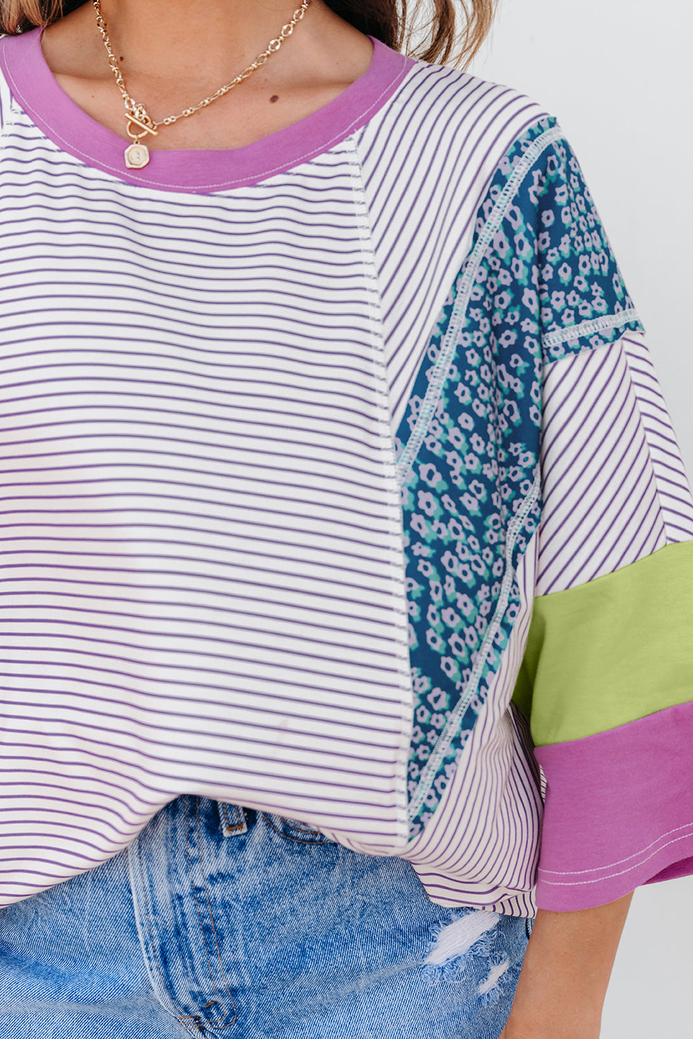Purple Stripe Floral Color Block Raw Edge Patchwork Bracelet Sleeve Blouse
