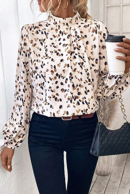 White Leopard Print Lantern Sleeve Mock Neck Pleated Blouse - Chic Meadow Boutique 