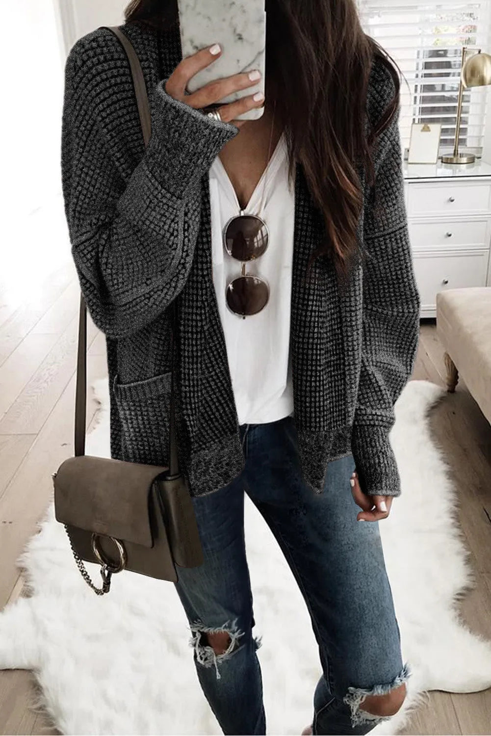 Black Chunky Waffle Knit Oversized Collar Cardigan - Chic Meadow Boutique 