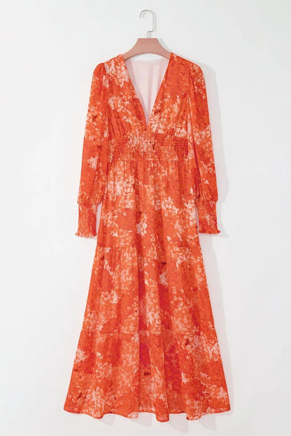 Dresses/Maxi Dresses Orange Boho Floral Bishop Sleeve V Neck Tiered Maxi Dress