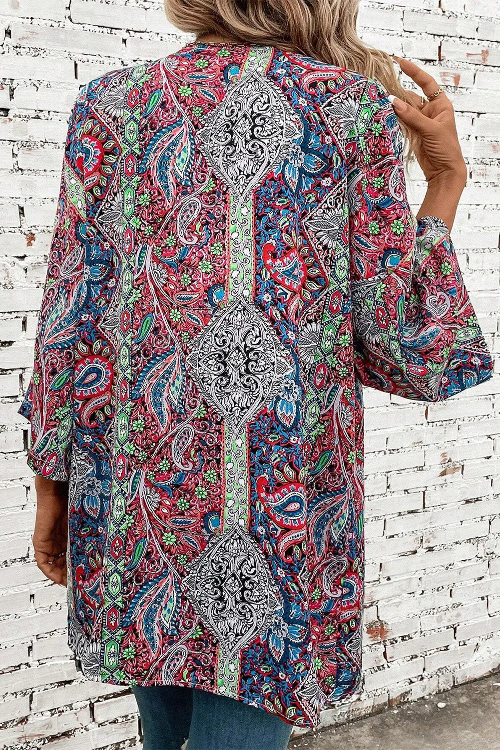 Red Paisley Print Open Front Kimono - Chic Meadow Boutique 