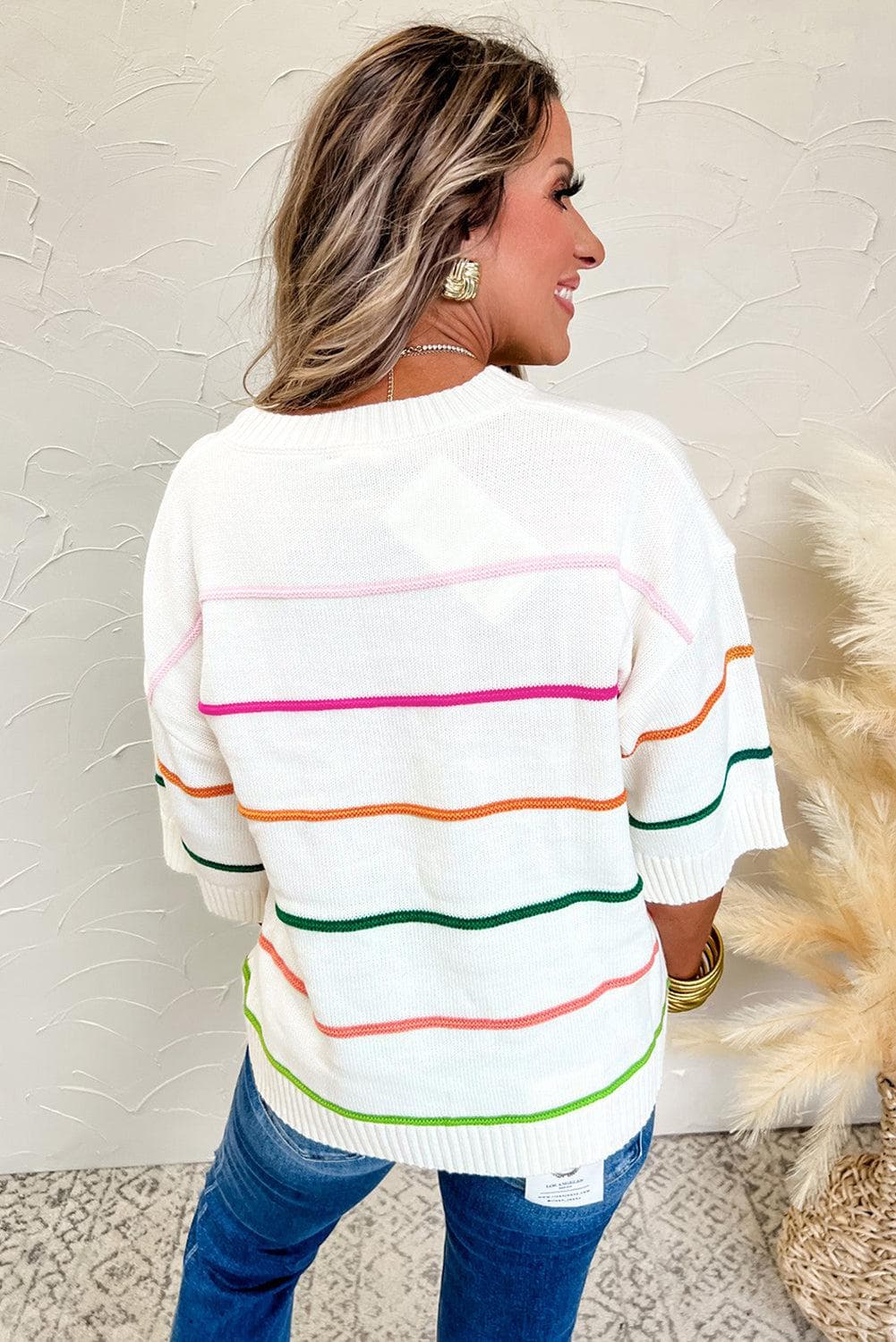 Sweaters & Cardigans/Short Sleeve Sweaters White Colorblock Striped Half Sleeve Drop Shoulder Sweater