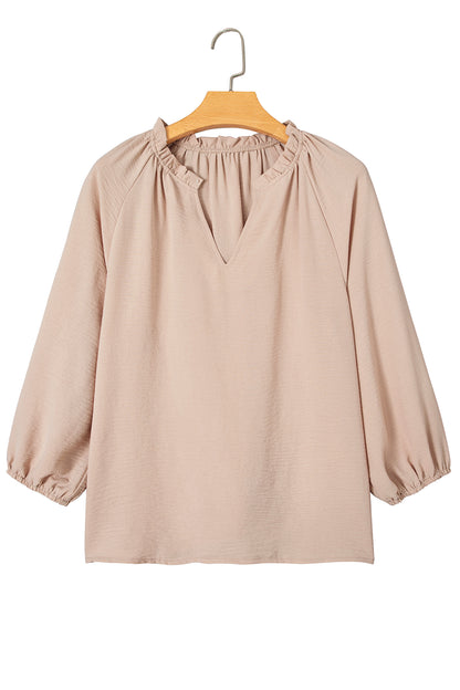 Parchment V Neck Gathered Cuff Three Quarter Sleeve Blouse