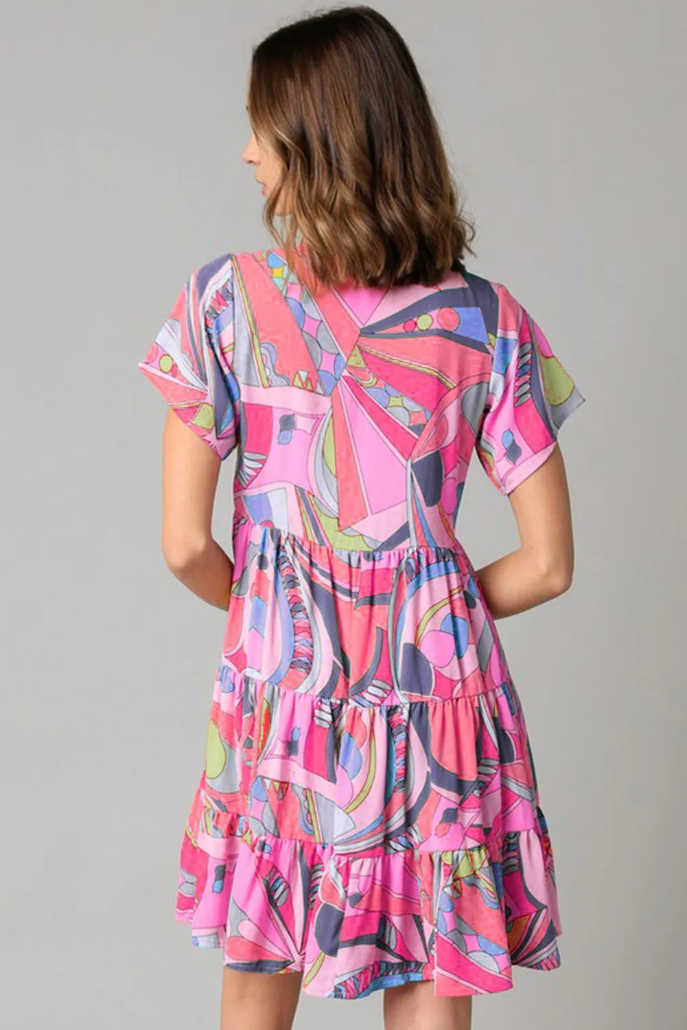 Pink Abstract Geometric Print Tassel Tie Flared Dress - Chic Meadow Boutique 