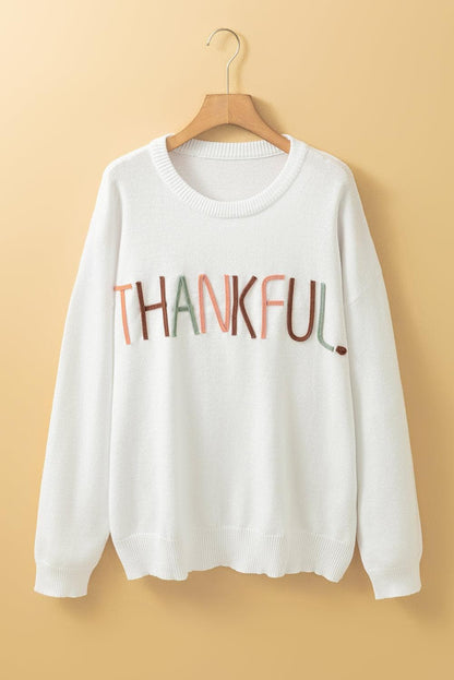 Plus Size/Plus Size Sweaters & Cardigans White Plus Size Thankful Ivory Embroidered Sweater