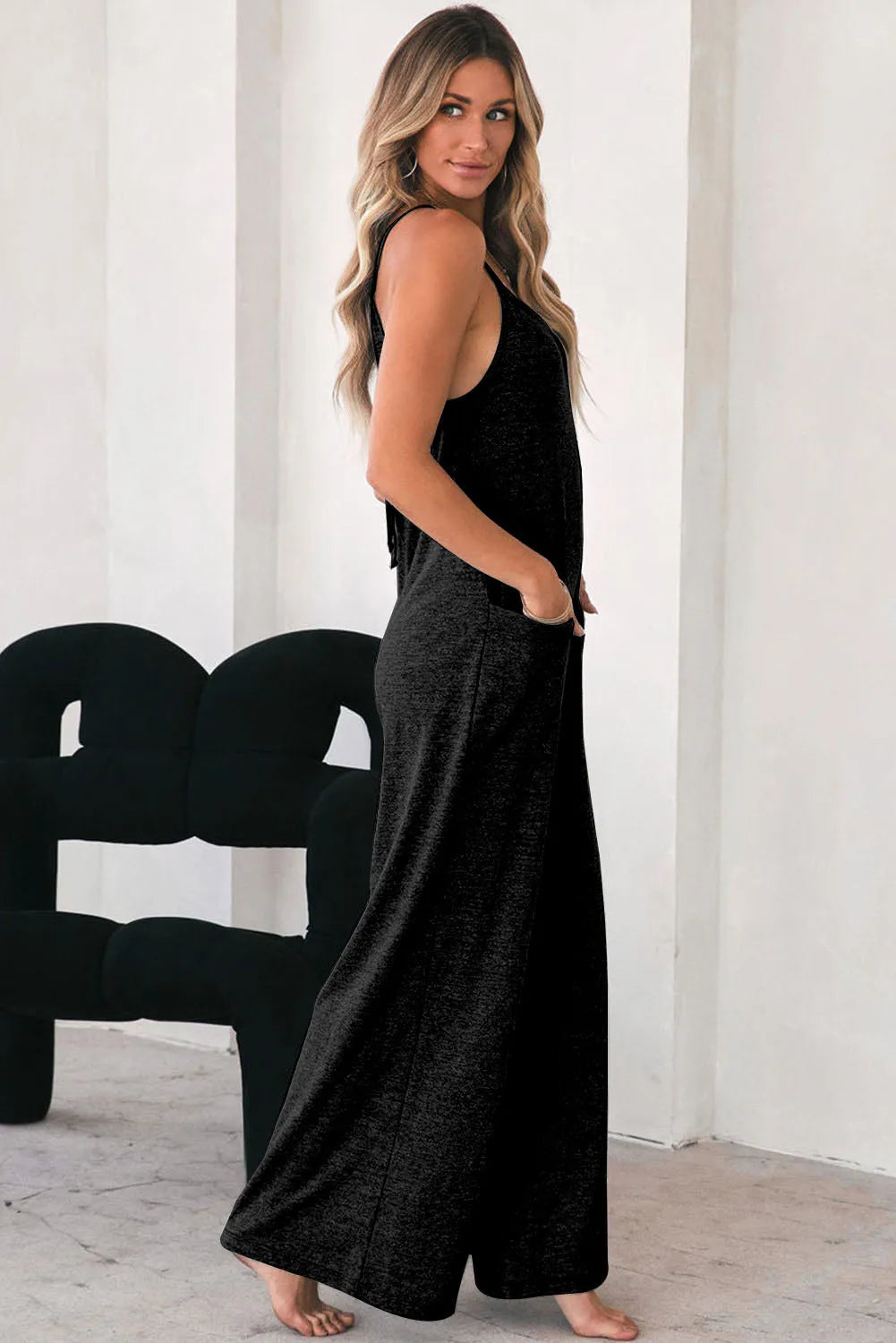 Black Patch Pockets Spaghetti Strap Wide Leg Jumpsuit - Chic Meadow Boutique 