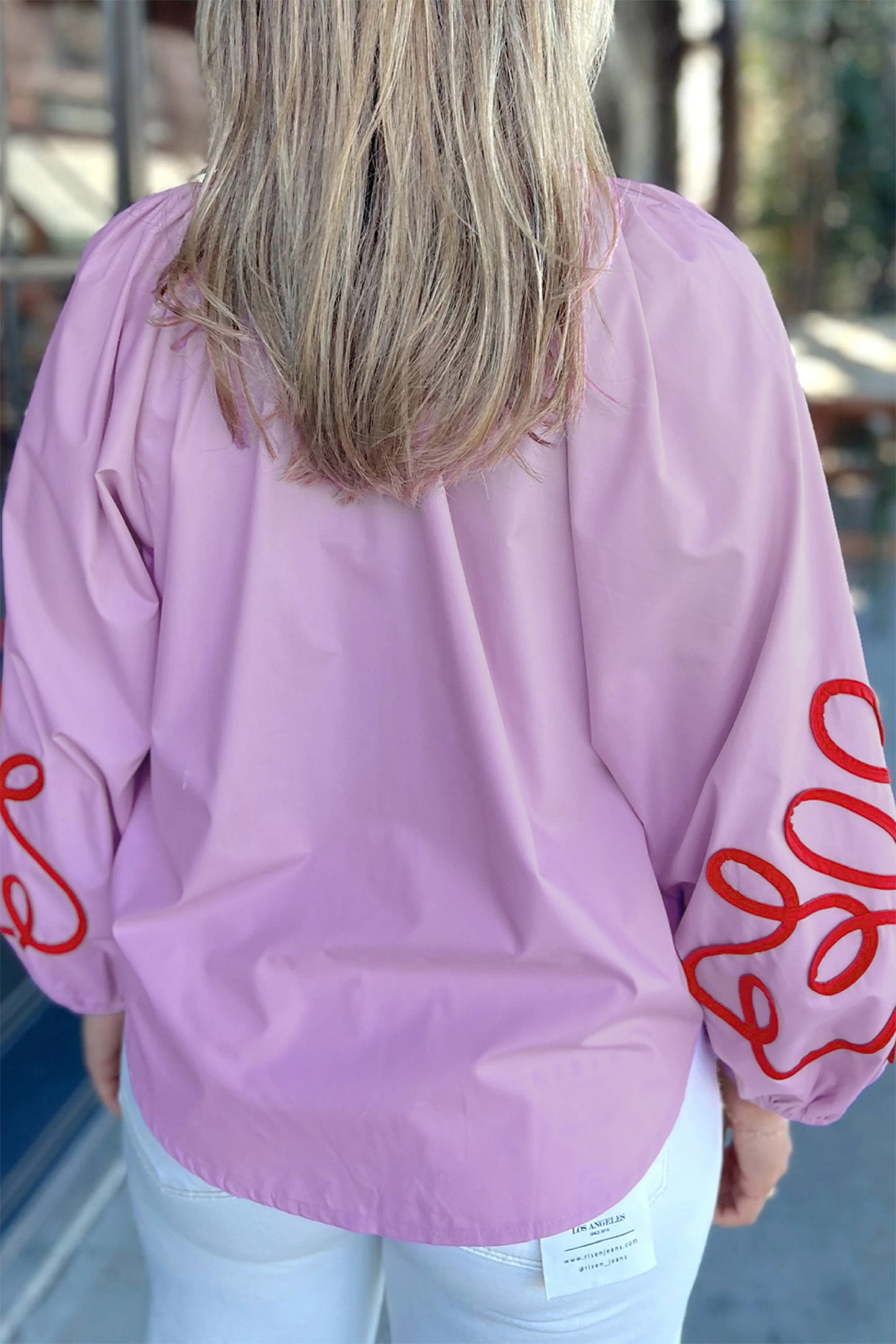 Orchid Bouquet Contrast Detail Long Sleeve Decorative Neckline Cotton Blouse