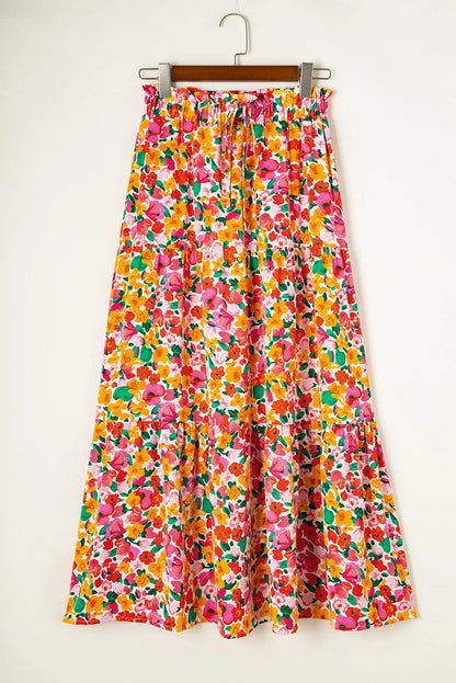 Yellow Boho Floral Print Tiered Long Skirt - Chic Meadow Boutique 