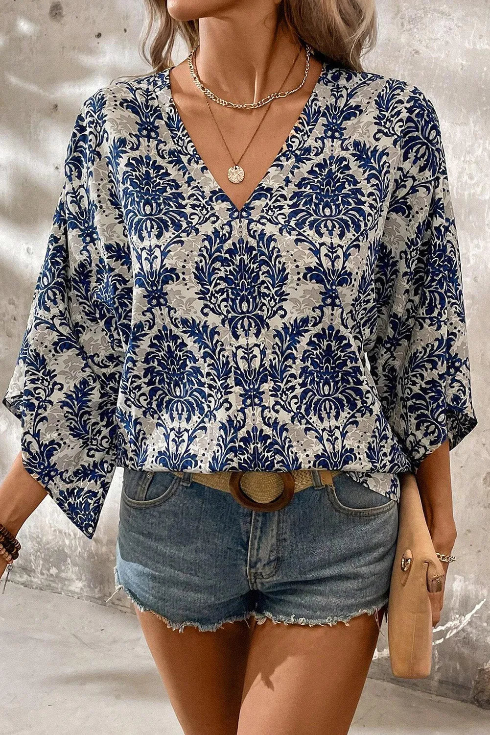 Blue Vintage Flower Tree Quarter Sleeve V Neck Blouse - Chic Meadow Boutique 