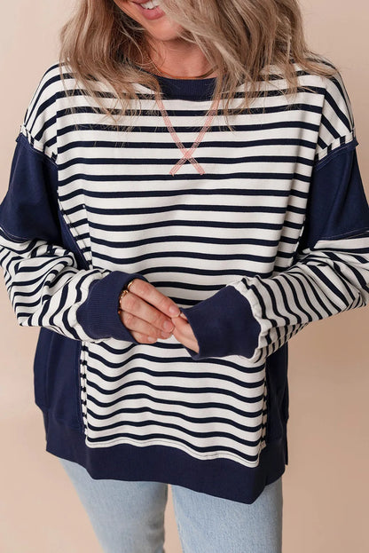 White Stripe Color Block Exposed Seam Loose Fit Sweatshirt - Chic Meadow Boutique 