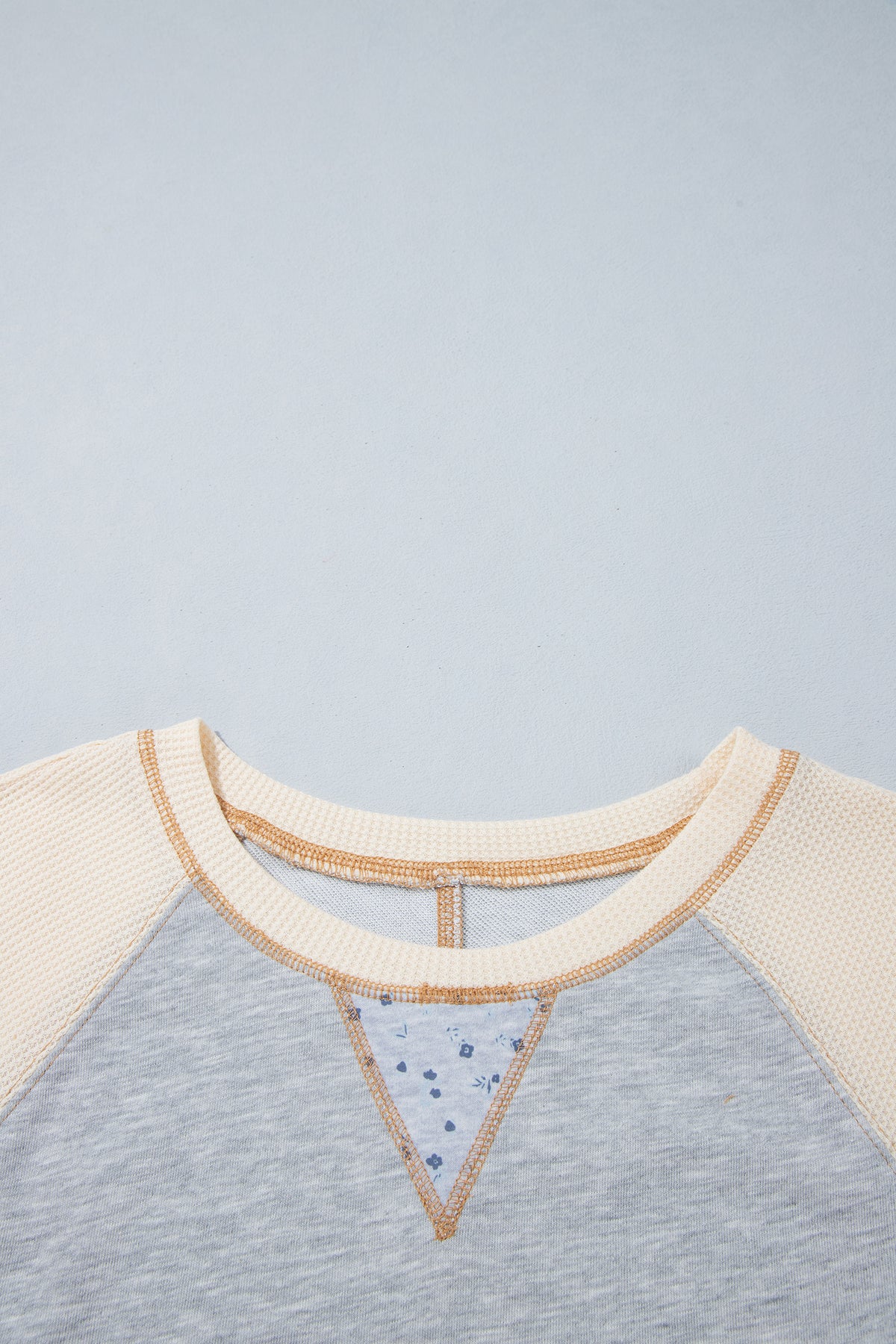 Light Grey Color Block Floral Waffle Mixed Patchwork Long Sleeve Top