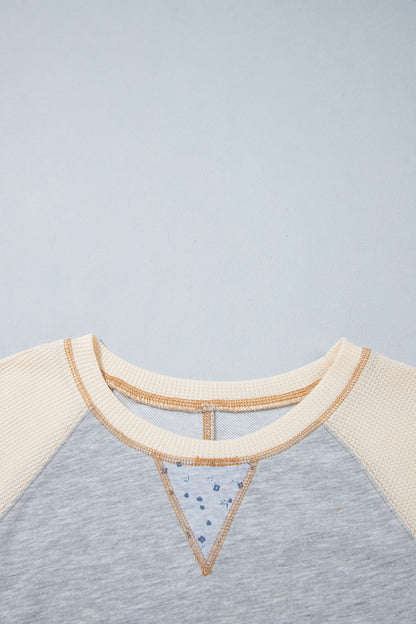Light Grey Color Block Floral Waffle Mixed Patchwork Long Sleeve Top