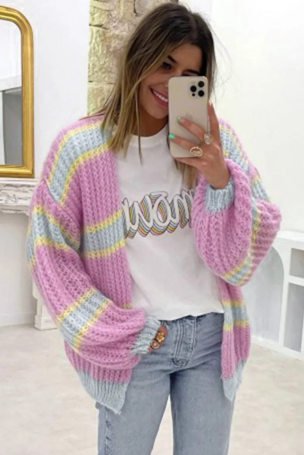 Pink Contrast Striped Open Front Cable Cardigan - Chic Meadow Boutique 