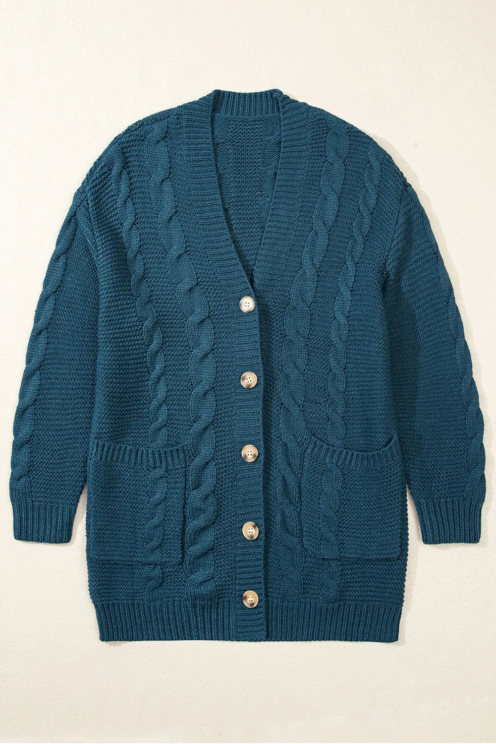 Peacock Blue Cable Knit Button Front Pocketed Baggy Cardigan - Chic Meadow Boutique 