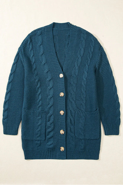 Peacock Blue Cable Knit Button Front Pocketed Baggy Cardigan - Chic Meadow Boutique 