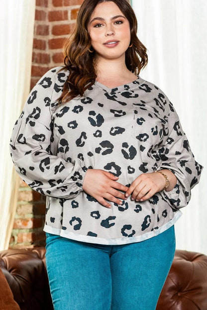 Plus Size/Plus Size Tops/Plus Size Long Sleeve Tops Gray Printed Leopard Balloon Sleeve Thermal Knit Plus Size Top