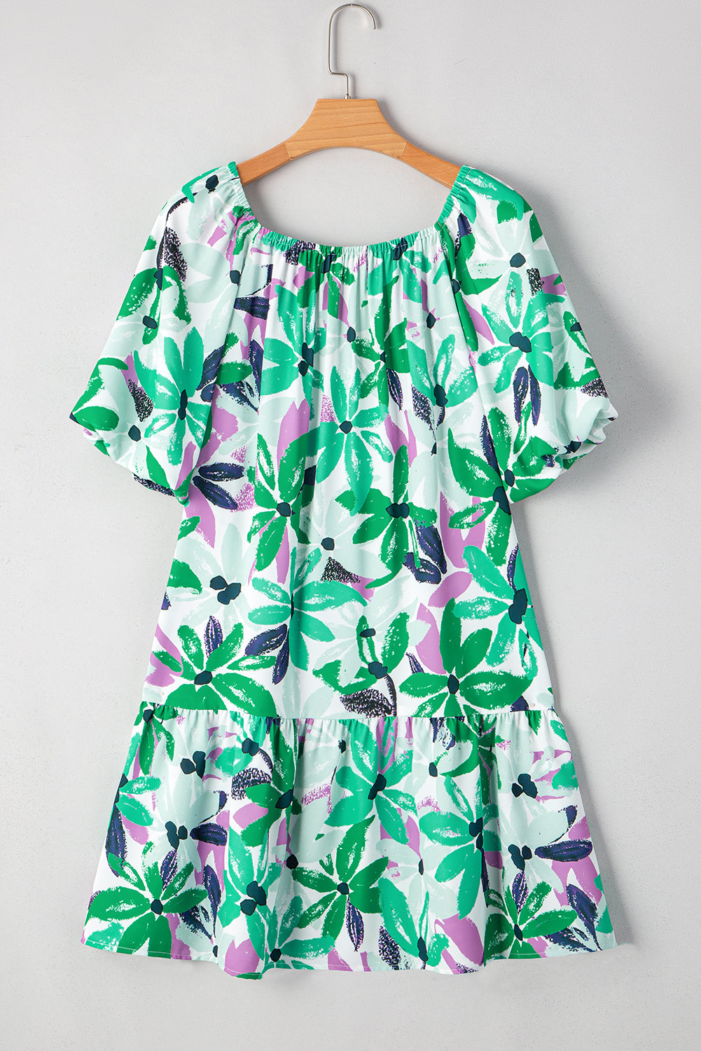 Green Floral Print Shirred Square Neck Loose Fit Mini Dress