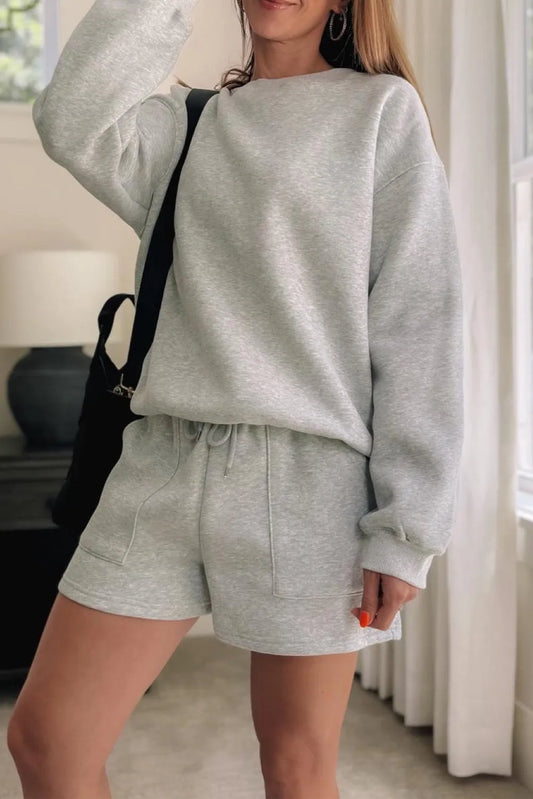 Light Grey Solid Pullover Sweatshirt and Shorts 2 Piece Set - Chic Meadow Boutique 