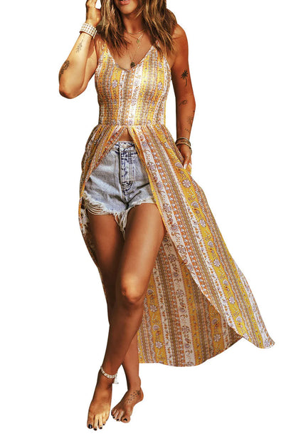 Yellow Boho Floral Print Smocked Front Slit Maxi Tank - Chic Meadow Boutique 