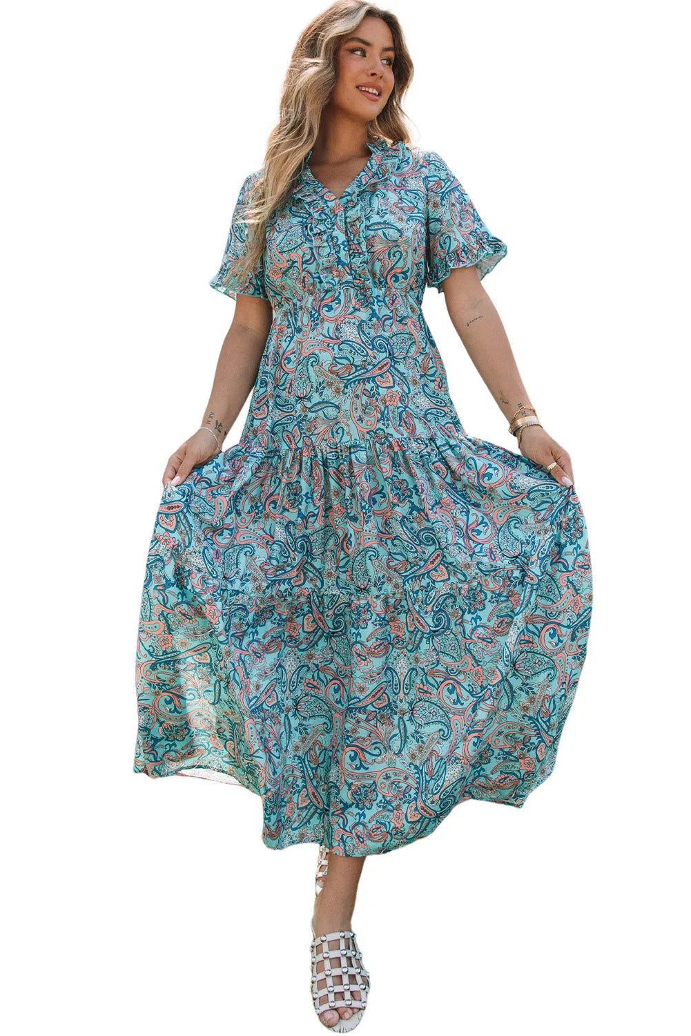 Sky Blue Paisley Print Boho Holiday Ruffle Tiered Maxi Dress - Chic Meadow Boutique 