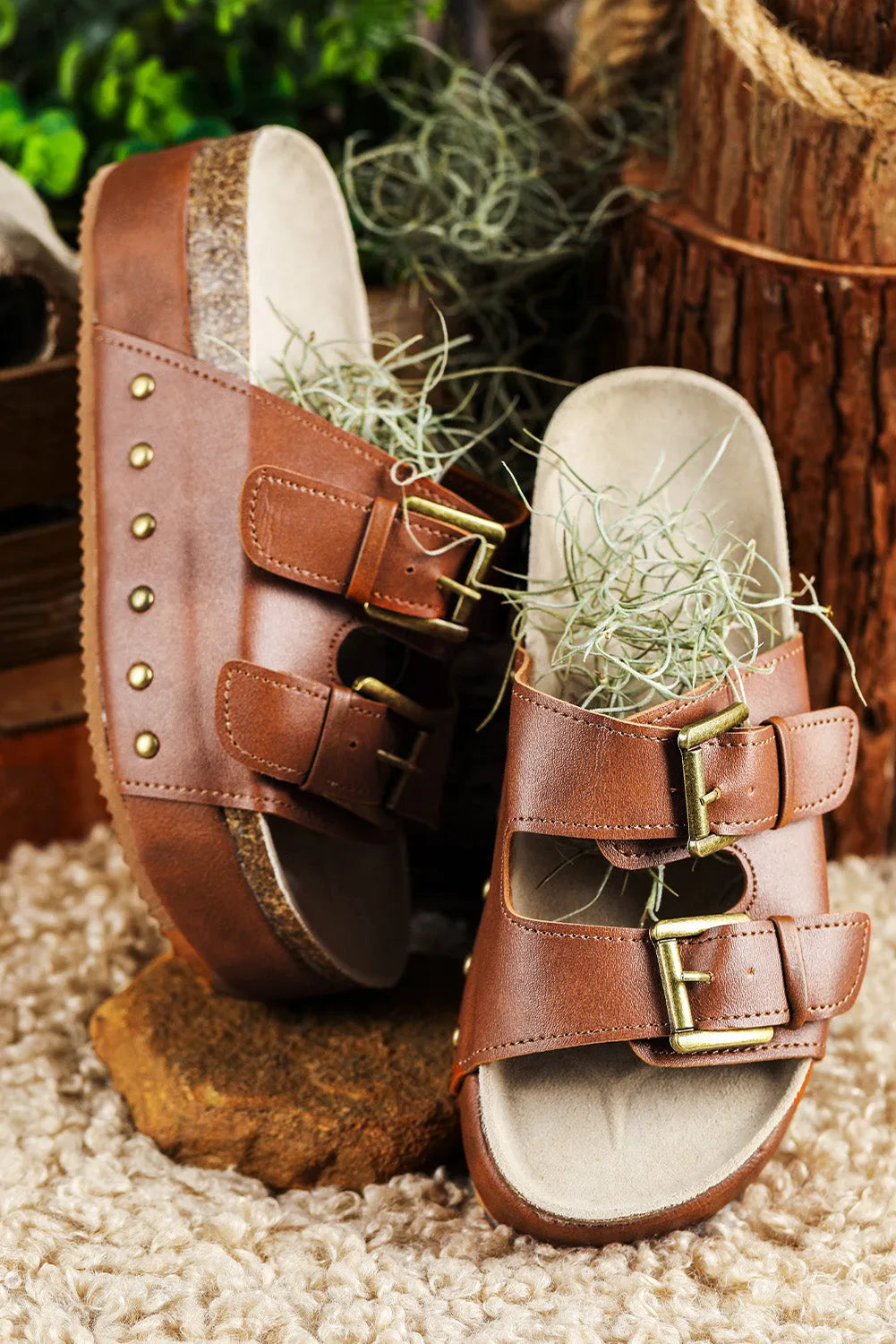 Chestnut Dual Buckle Studded Platform Sandal Slippers - Chic Meadow Boutique 