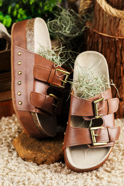 Chestnut Dual Buckle Studded Platform Sandal Slippers - Chic Meadow Boutique 