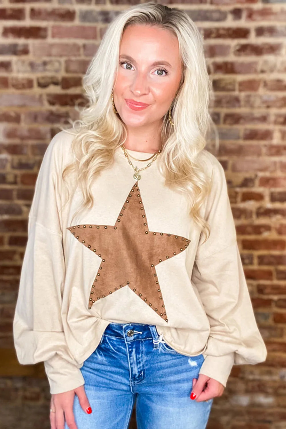 Apricot Studded Star Graphic Oversized Long Sleeve Top - Chic Meadow Boutique 