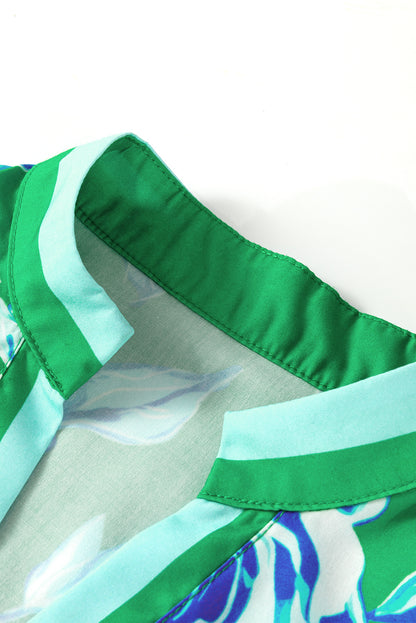 Bright Green Rose Floral Print Puff Short Sleeve Summer Blouse